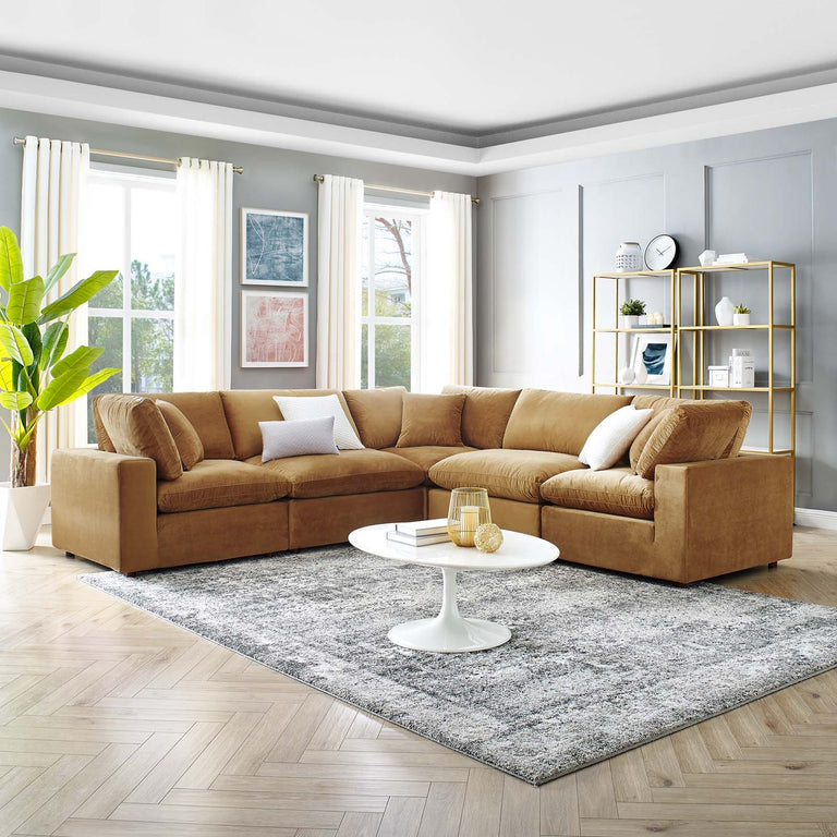 Commix Down Filled Overstuffed Performance Velvet 5-Piece Sectional Sofa in Cognac, EEI-4823-COG
