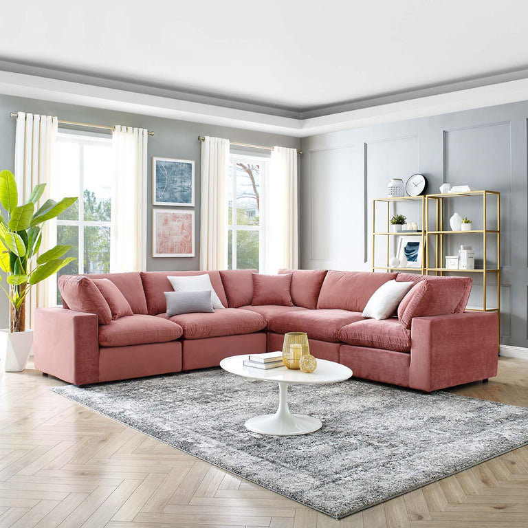 Commix Down Filled Overstuffed Performance Velvet 5-Piece Sectional Sofa in Dusty Rose, EEI-4823-DUS