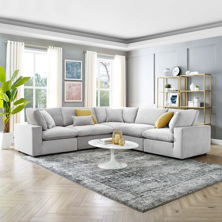 Commix Down Filled Overstuffed Performance Velvet 5-Piece Sectional Sofa in Light Gray, EEI-4823-LGR