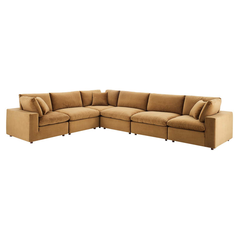 Commix Down Filled Overstuffed Performance Velvet 6-Piece Sectional Sofa in Cognac, EEI-4824-COG
