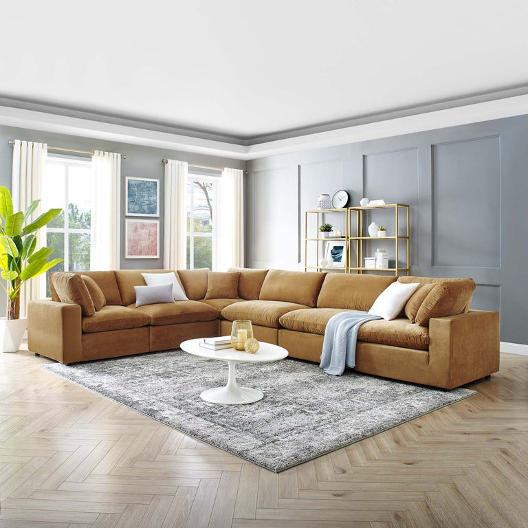 Commix Down Filled Overstuffed Performance Velvet 6-Piece Sectional Sofa in Cognac, EEI-4824-COG