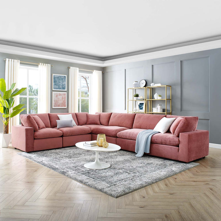 Commix Down Filled Overstuffed Performance Velvet 6-Piece Sectional Sofa in Dusty Rose, EEI-4824-DUS