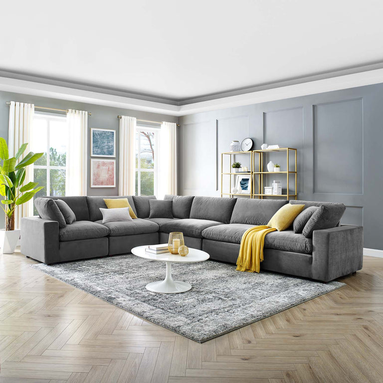 Commix Down Filled Overstuffed Performance Velvet 6-Piece Sectional Sofa in Gray, EEI-4824-GRY