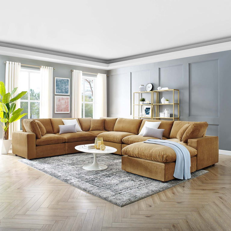 Commix Down Filled Overstuffed Performance Velvet 7-Piece Sectional Sofa in Cognac, EEI-4825-COG
