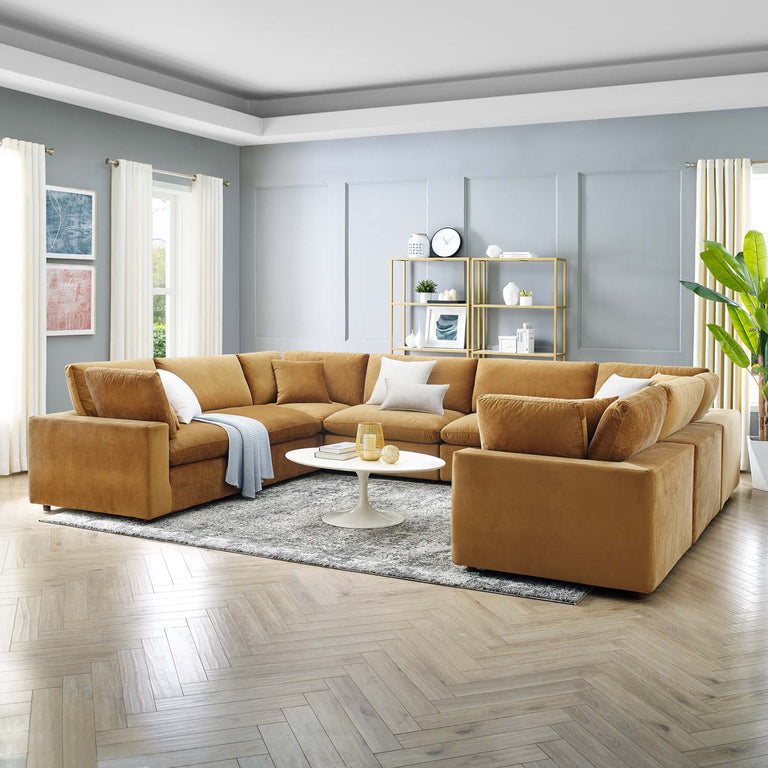 Commix Down Filled Overstuffed Performance Velvet 	8-Piece Sectional Sofa in Cognac, EEI-4826-COG