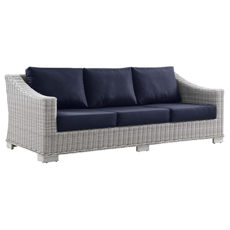 Conway Outdoor Patio Wicker Rattan Sofa in Light Gray Navy, EEI-4842-LGR-NAV