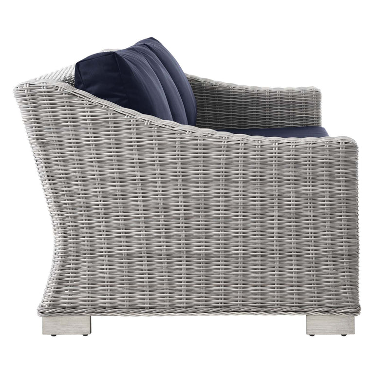 Conway Outdoor Patio Wicker Rattan Sofa in Light Gray Navy, EEI-4842-LGR-NAV