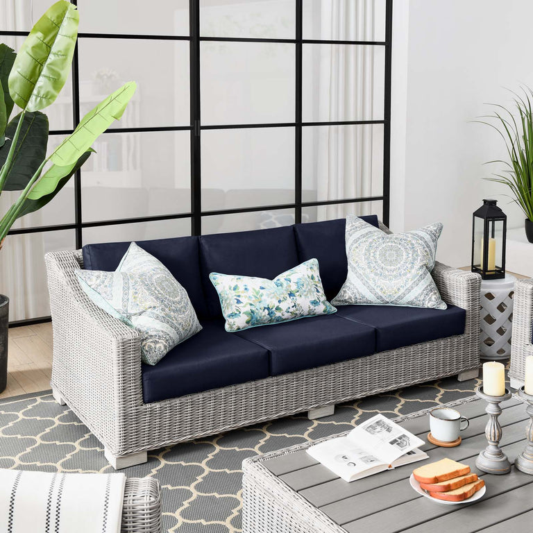 Conway Outdoor Patio Wicker Rattan Sofa in Light Gray Navy, EEI-4842-LGR-NAV
