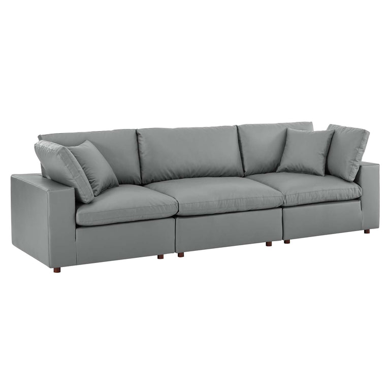 Commix Down Filled Overstuffed Vegan Leather 3-Seater Sofa in Gray, EEI-4914-GRY