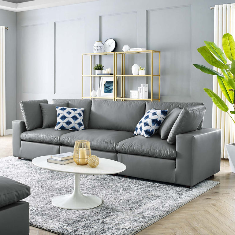 Commix Down Filled Overstuffed Vegan Leather 3-Seater Sofa in Gray, EEI-4914-GRY