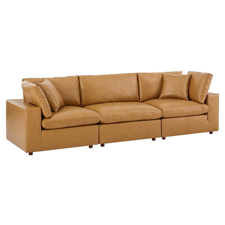 Commix Down Filled Overstuffed Vegan Leather 3-Seater Sofa in Tan, EEI-4914-TAN