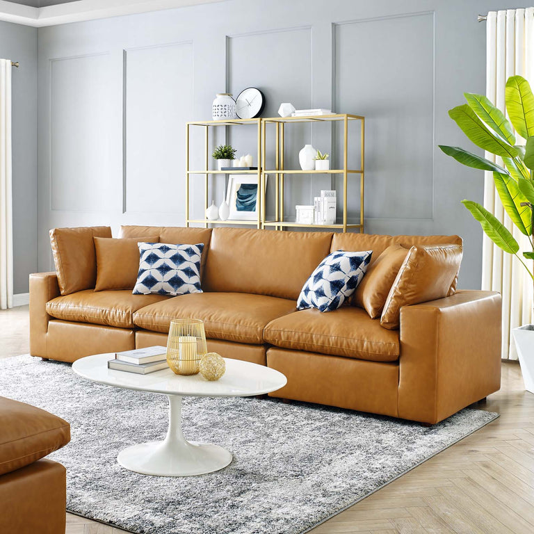 Commix Down Filled Overstuffed Vegan Leather 3-Seater Sofa in Tan, EEI-4914-TAN