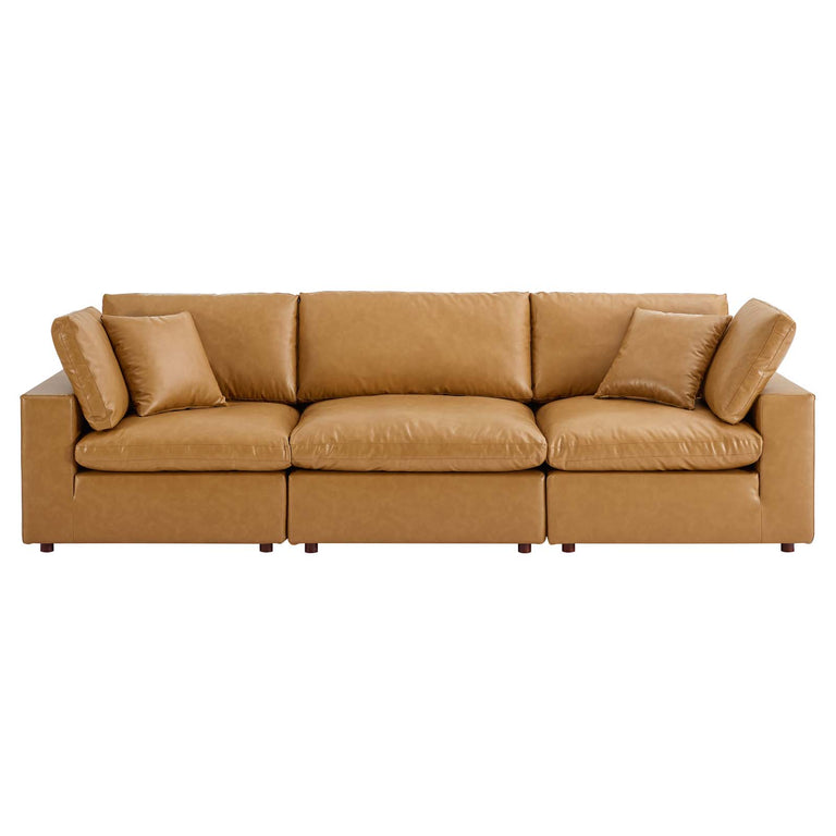 Commix Down Filled Overstuffed Vegan Leather 3-Seater Sofa in Tan, EEI-4914-TAN