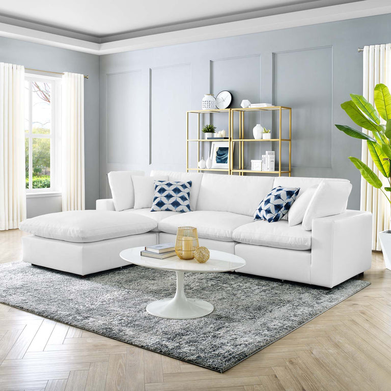 Commix Down Filled Overstuffed Vegan Leather 4-Piece Sectional Sofa in White, EEI-4915-WHI