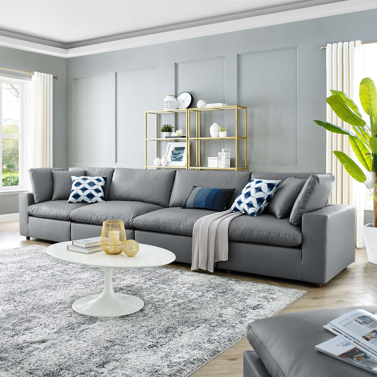 Commix Down Filled Overstuffed Vegan Leather 4-Seater Sofa in Gray, EEI-4916-GRY