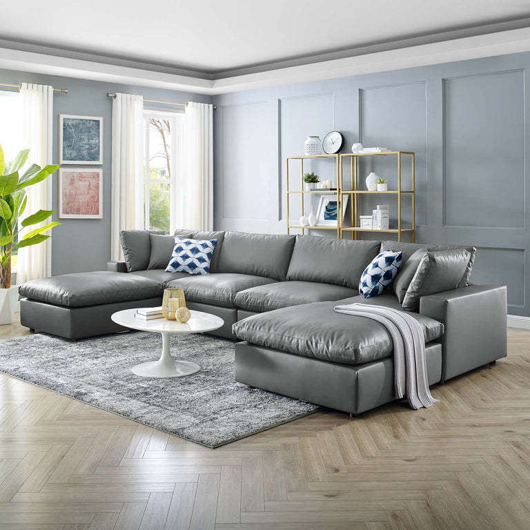 Commix Down Filled Overstuffed Vegan Leather 6-Piece Sectional Sofa in Gray, EEI-4918-GRY