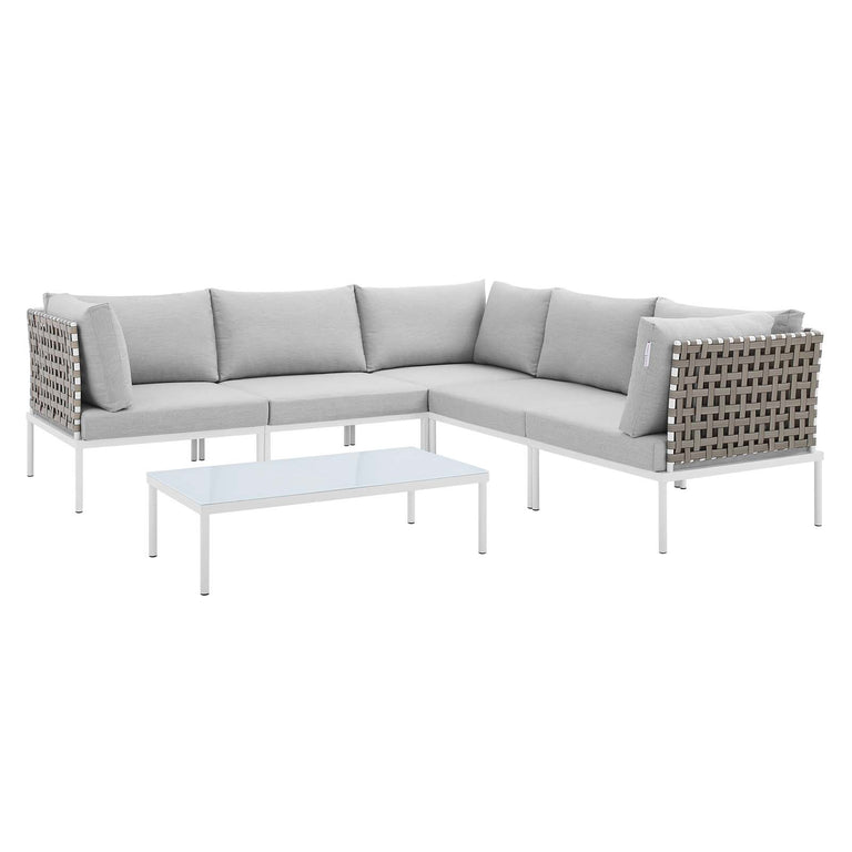 Harmony 6-Piece  Sunbrella® Basket Weave Outdoor Patio Aluminum Sectional Sofa Set in Tan Gray, EEI-4927-TAN-GRY-SET