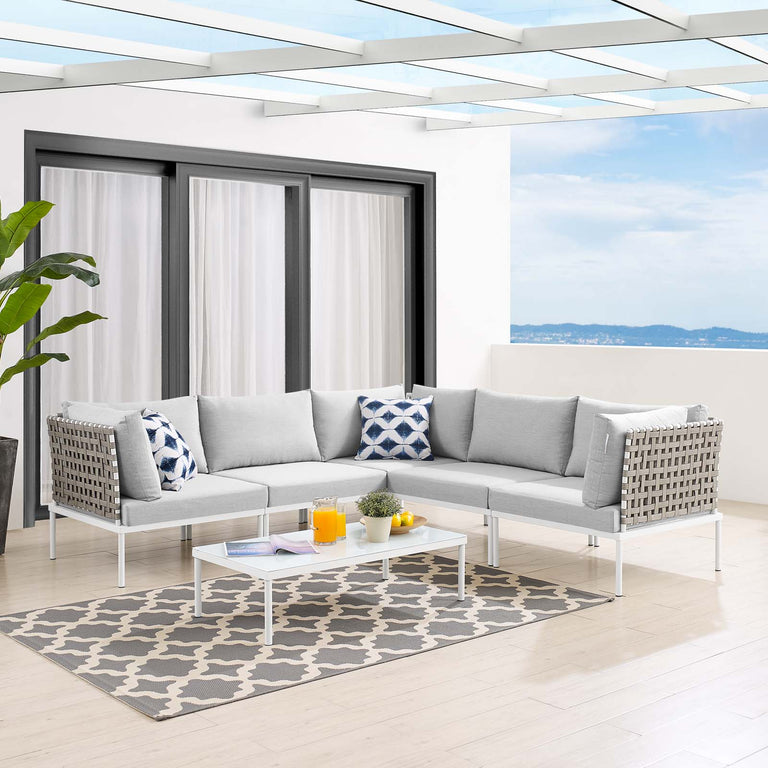 Harmony 6-Piece  Sunbrella® Basket Weave Outdoor Patio Aluminum Sectional Sofa Set in Tan Gray, EEI-4927-TAN-GRY-SET
