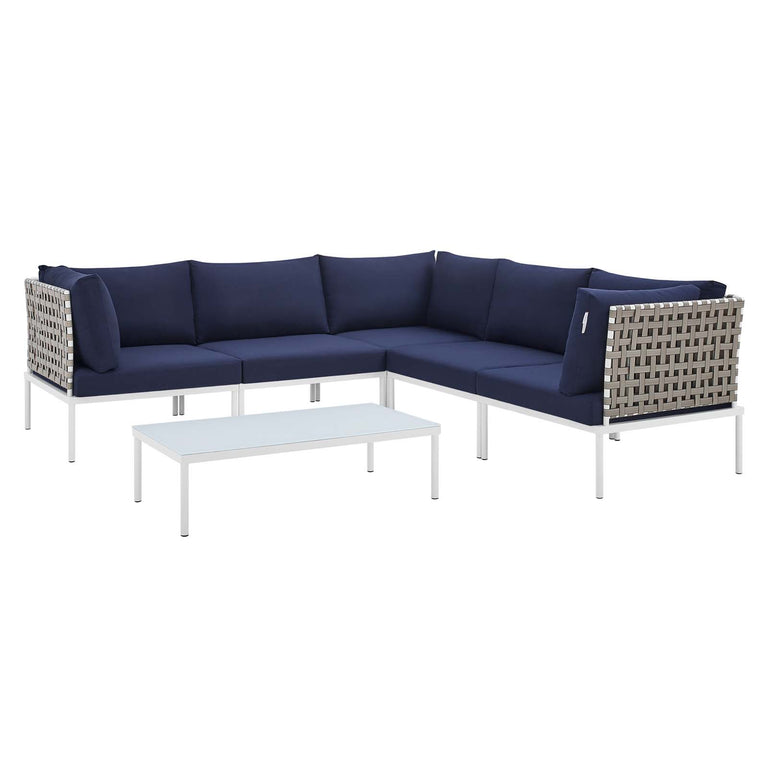 Harmony 6-Piece  Sunbrella® Basket Weave Outdoor Patio Aluminum Sectional Sofa Set in Tan Navy, EEI-4927-TAN-NAV-SET