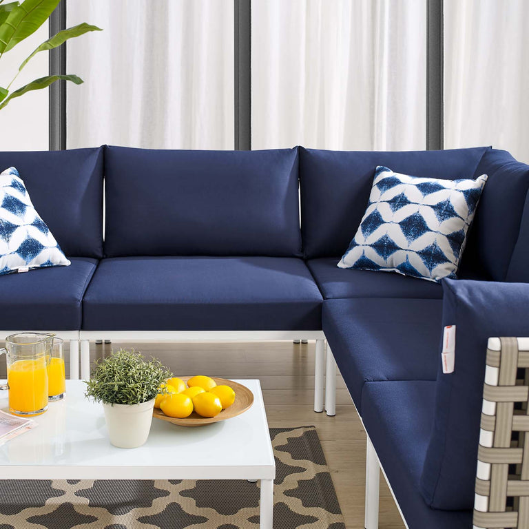 Harmony 6-Piece  Sunbrella® Basket Weave Outdoor Patio Aluminum Sectional Sofa Set in Tan Navy, EEI-4927-TAN-NAV-SET