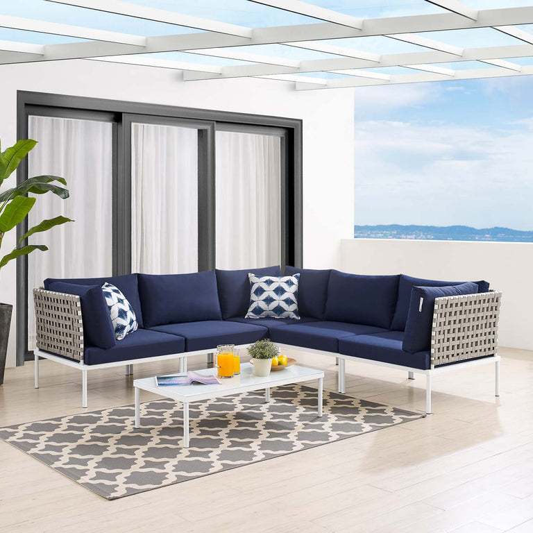 Harmony 6-Piece  Sunbrella® Basket Weave Outdoor Patio Aluminum Sectional Sofa Set in Tan Navy, EEI-4927-TAN-NAV-SET