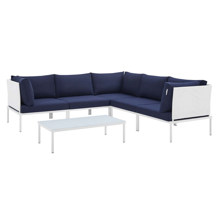 Harmony 6-Piece  Sunbrella® Outdoor Patio Aluminum Sectional Sofa Set in White Navy, EEI-4928-WHI-NAV-SET