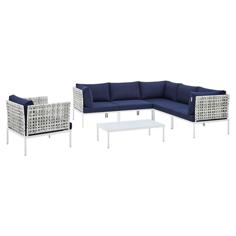 Harmony 7-Piece  Sunbrella® Basket Weave Outdoor Patio Aluminum Sectional Sofa Set in Taupe Navy, EEI-4934-TAU-NAV-SET