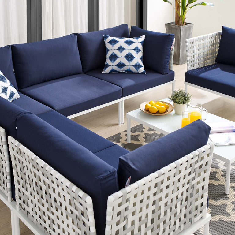 Harmony 7-Piece  Sunbrella® Basket Weave Outdoor Patio Aluminum Sectional Sofa Set in Taupe Navy, EEI-4934-TAU-NAV-SET