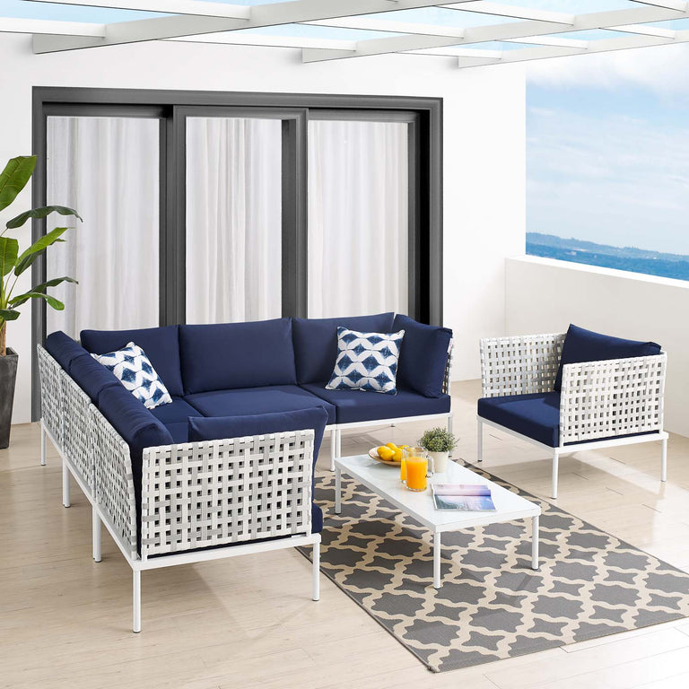 Harmony 7-Piece  Sunbrella® Basket Weave Outdoor Patio Aluminum Sectional Sofa Set in Taupe Navy, EEI-4934-TAU-NAV-SET