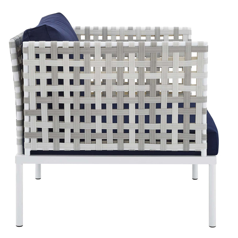 Harmony 7-Piece  Sunbrella® Basket Weave Outdoor Patio Aluminum Sectional Sofa Set in Taupe Navy, EEI-4934-TAU-NAV-SET