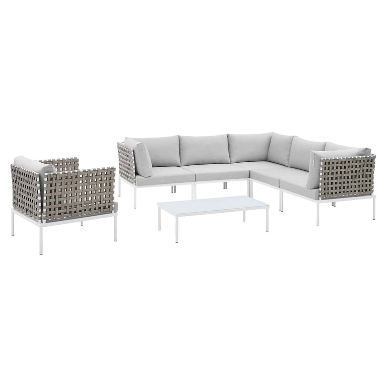 Harmony 7-Piece  Sunbrella® Basket Weave Outdoor Patio Aluminum Sectional Sofa Set in Tan Gray, EEI-4935-TAN-GRY-SET