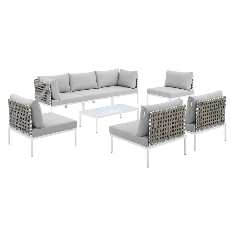 Harmony 8-Piece  Sunbrella® Basket Weave Outdoor Patio Aluminum Sectional Sofa Set in Tan Gray, EEI-4939-TAN-GRY-SET