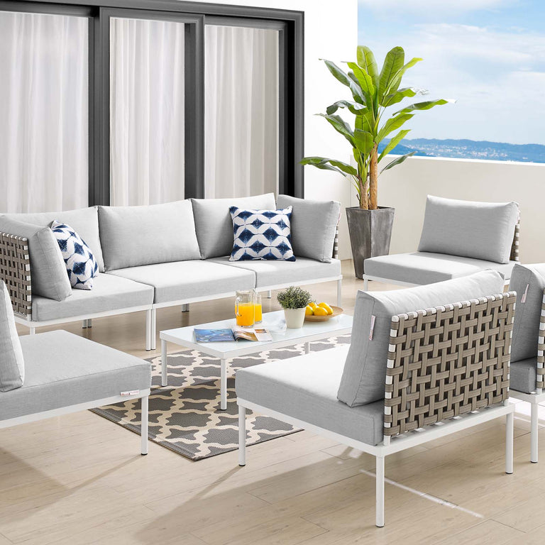 Harmony 8-Piece  Sunbrella® Basket Weave Outdoor Patio Aluminum Sectional Sofa Set in Tan Gray, EEI-4939-TAN-GRY-SET