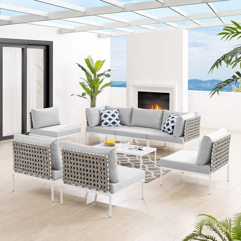 Harmony 8-Piece  Sunbrella® Basket Weave Outdoor Patio Aluminum Sectional Sofa Set in Tan Gray, EEI-4939-TAN-GRY-SET