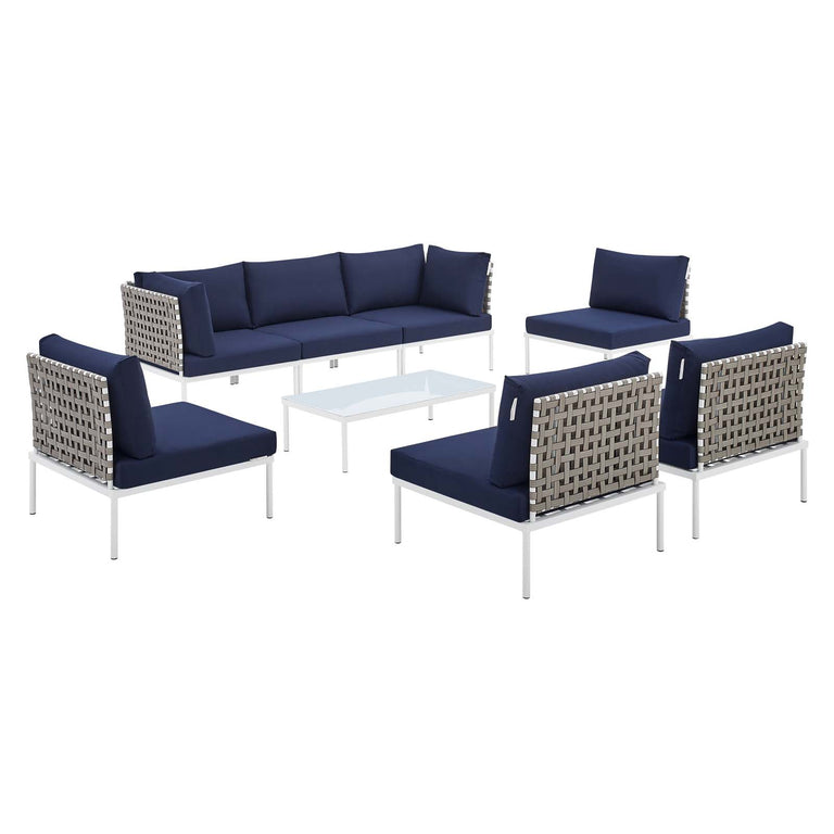 Harmony 8-Piece  Sunbrella® Basket Weave Outdoor Patio Aluminum Sectional Sofa Set in Tan Navy, EEI-4939-TAN-NAV-SET