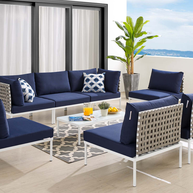 Harmony 8-Piece  Sunbrella® Basket Weave Outdoor Patio Aluminum Sectional Sofa Set in Tan Navy, EEI-4939-TAN-NAV-SET
