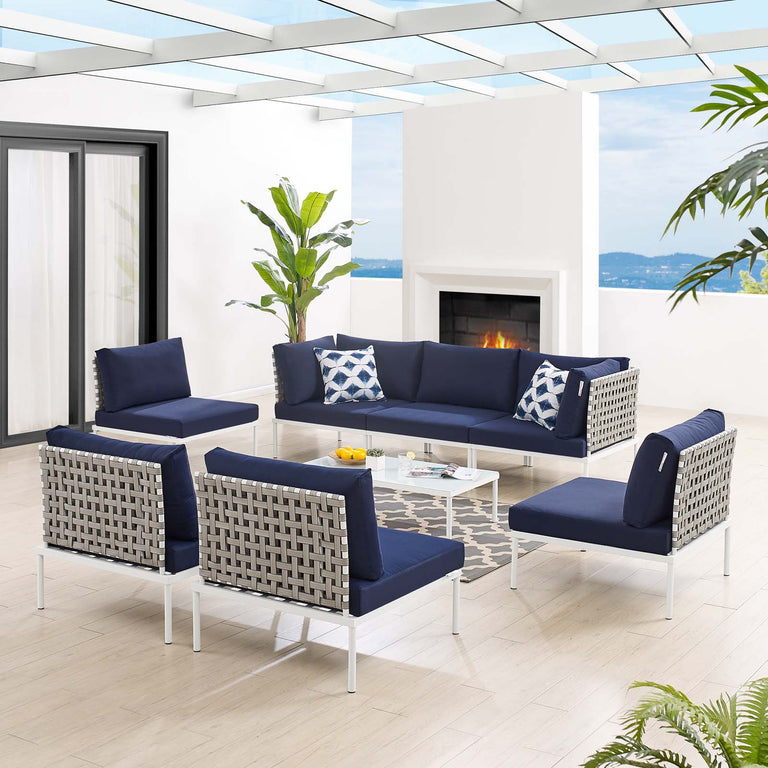 Harmony 8-Piece  Sunbrella® Basket Weave Outdoor Patio Aluminum Sectional Sofa Set in Tan Navy, EEI-4939-TAN-NAV-SET