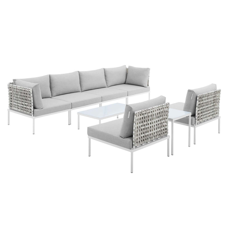 Harmony 8-Piece  Sunbrella® Basket Weave Outdoor Patio Aluminum Sectional Sofa Set in Tan Gray, EEI-4943-TAN-GRY-SET