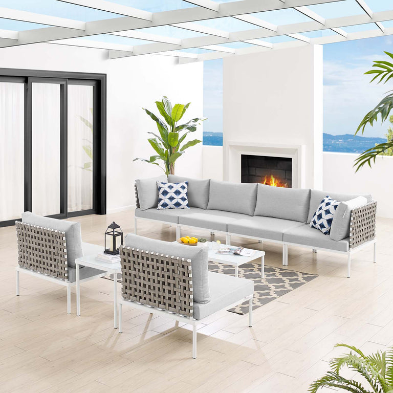 Harmony 8-Piece  Sunbrella® Basket Weave Outdoor Patio Aluminum Sectional Sofa Set in Tan Gray, EEI-4943-TAN-GRY-SET