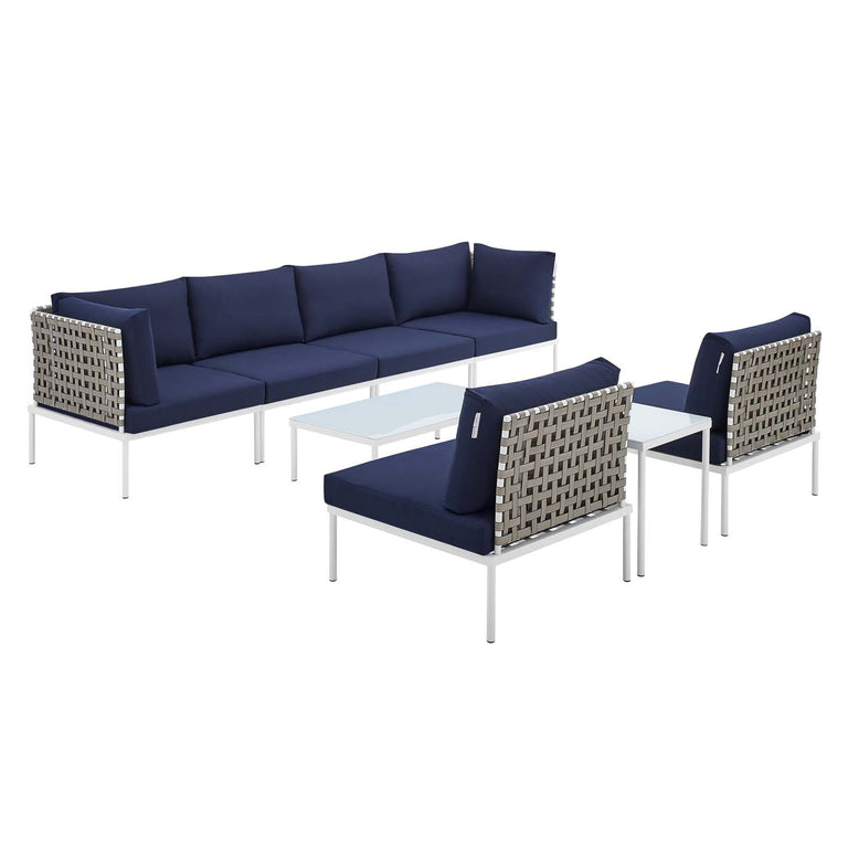 Harmony 8-Piece  Sunbrella® Basket Weave Outdoor Patio Aluminum Sectional Sofa Set in Tan Navy, EEI-4943-TAN-NAV-SET