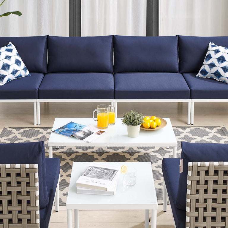 Harmony 8-Piece  Sunbrella® Basket Weave Outdoor Patio Aluminum Sectional Sofa Set in Tan Navy, EEI-4943-TAN-NAV-SET