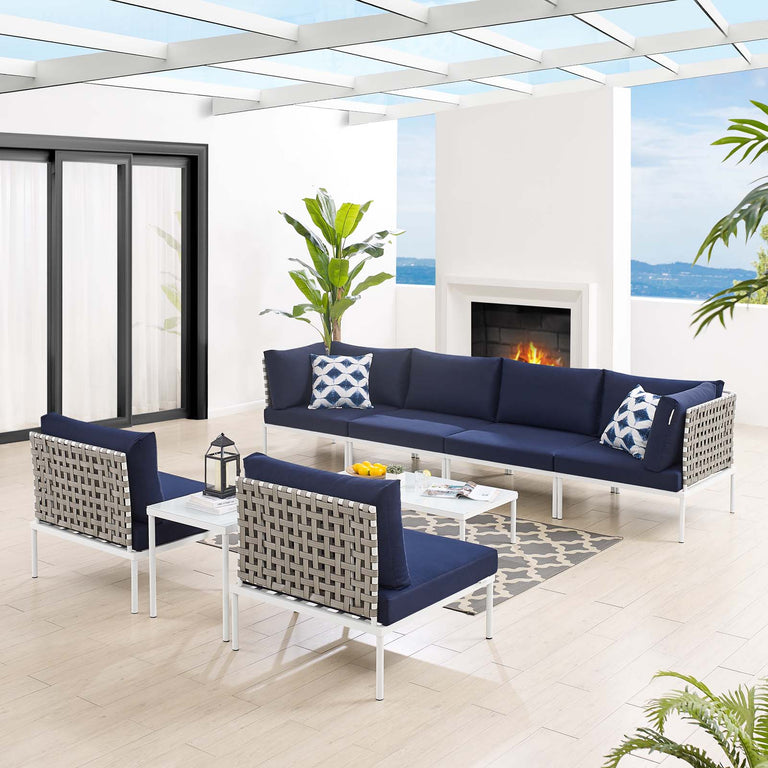 Harmony 8-Piece  Sunbrella® Basket Weave Outdoor Patio Aluminum Sectional Sofa Set in Tan Navy, EEI-4943-TAN-NAV-SET