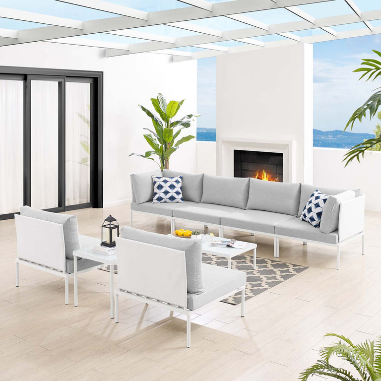 Harmony 8-Piece  Sunbrella® Outdoor Patio Aluminum Sectional Sofa Set in White Gray, EEI-4944-WHI-GRY-SET