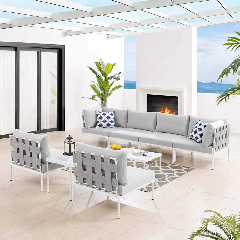 Harmony 8-Piece  Sunbrella® Outdoor Patio Aluminum Sectional Sofa Set in Gray Gray, EEI-4945-GRY-GRY-SET