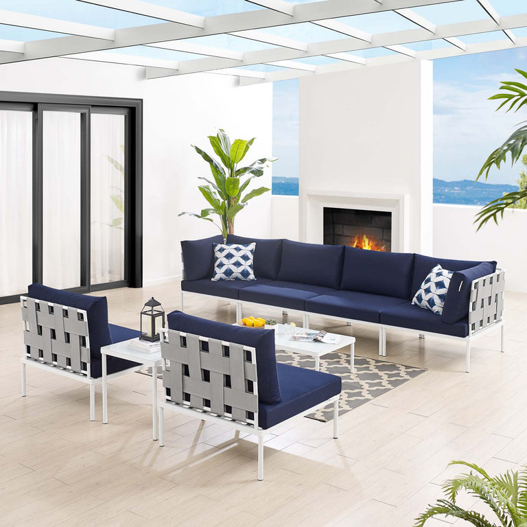 Harmony 8-Piece  Sunbrella® Outdoor Patio Aluminum Sectional Sofa Set in Gray Navy, EEI-4945-GRY-NAV-SET