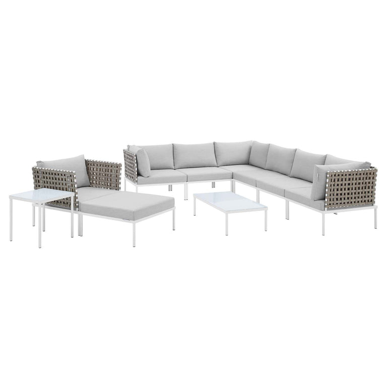 Harmony 10-Piece  Sunbrella® Basket Weave Outdoor Patio Aluminum Sectional Sofa Set in Tan Gray, EEI-4951-TAN-GRY-SET