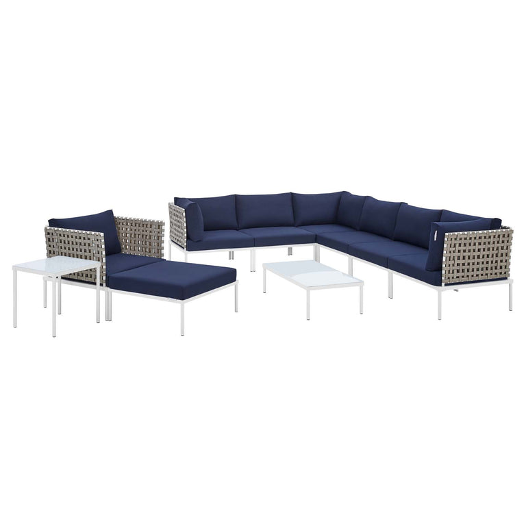 Harmony 10-Piece  Sunbrella® Basket Weave Outdoor Patio Aluminum Sectional Sofa Set in Tan Navy, EEI-4951-TAN-NAV-SET