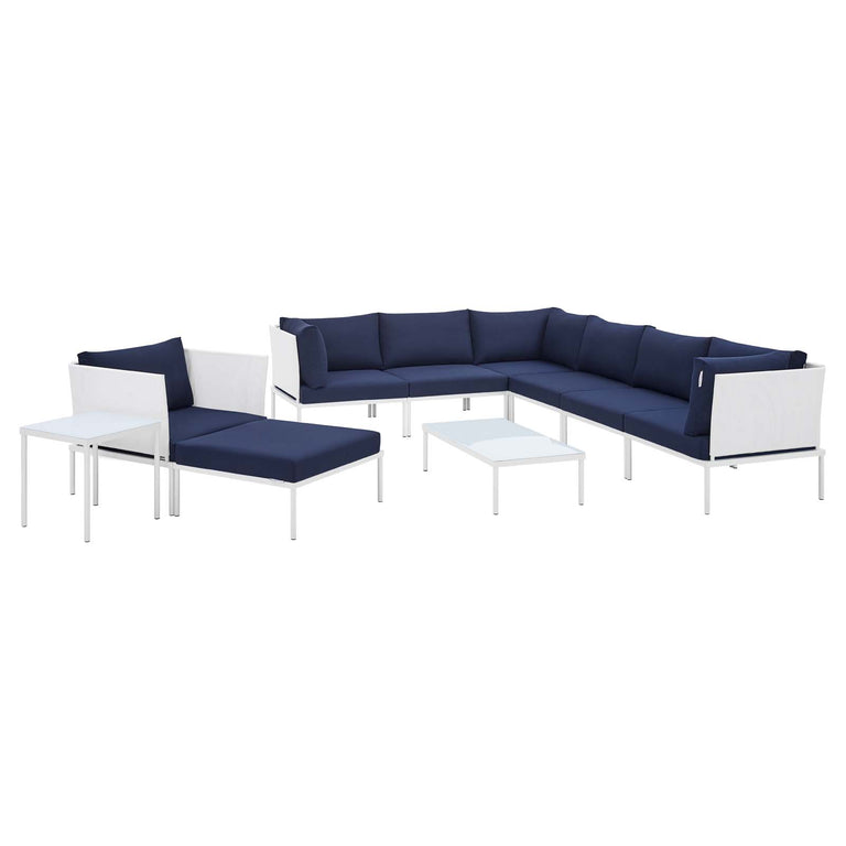 Harmony 10-Piece  Sunbrella® Outdoor Patio Aluminum Sectional Sofa Set in White Navy, EEI-4952-WHI-NAV-SET