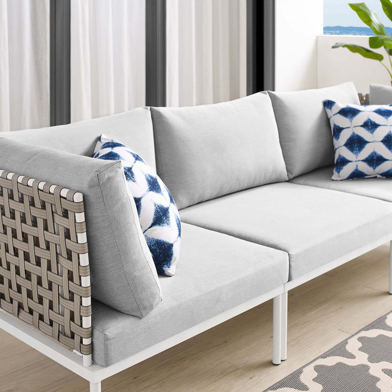 Harmony Sunbrella® Basket Weave Outdoor Patio Aluminum Sofa in Tan Gray, EEI-4966-TAN-GRY