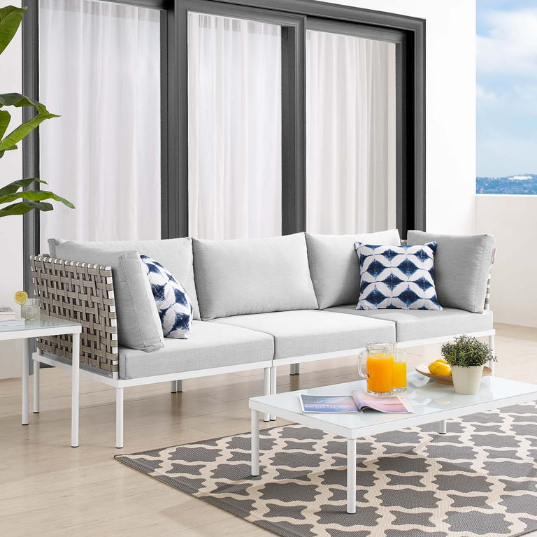 Harmony Sunbrella® Basket Weave Outdoor Patio Aluminum Sofa in Tan Gray, EEI-4966-TAN-GRY